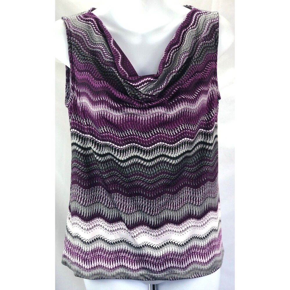 Vintage Sleeveless Drape Top PS purple/gray Chevron cowl scoopneck Stretch Y2K